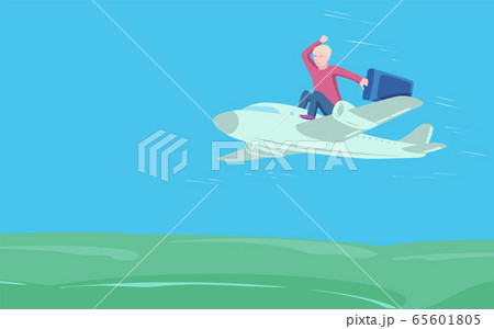 Young man with suitcase sit on top of plane. 65601805