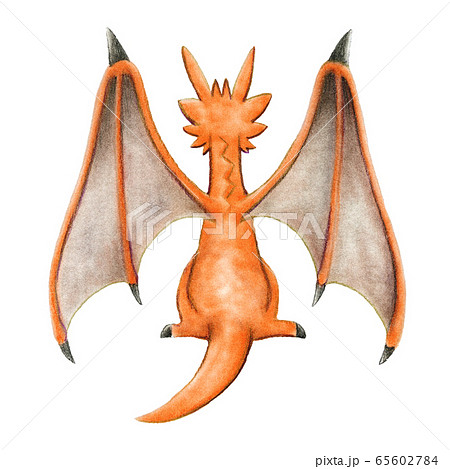 背中を見せて座っているオレンジ色のドラゴンのイラスト素材