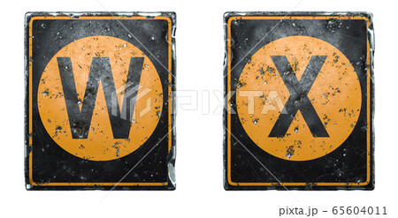 Set of public road sign orange and black color with a capital letters W and X in the center isolated on white background. 3d Set of public road sign orange and black color with a capital letters W and X in the center isolated on white background. 3d 65604011