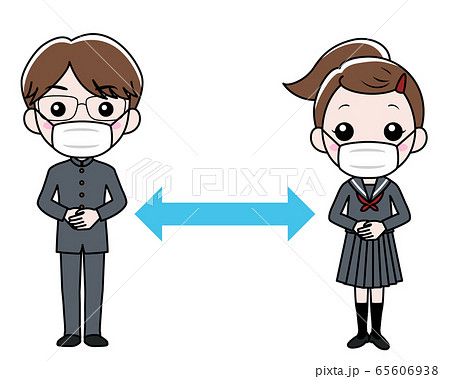 マスクをして距離を取る男子中学生と女子中学生のイラスト素材