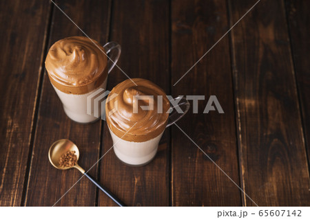 Top view of two glasses with famous coffee Dalgona 65607142