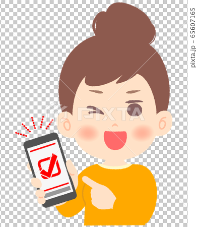 スマホで支払い完了してウインクする女性のイラスト素材