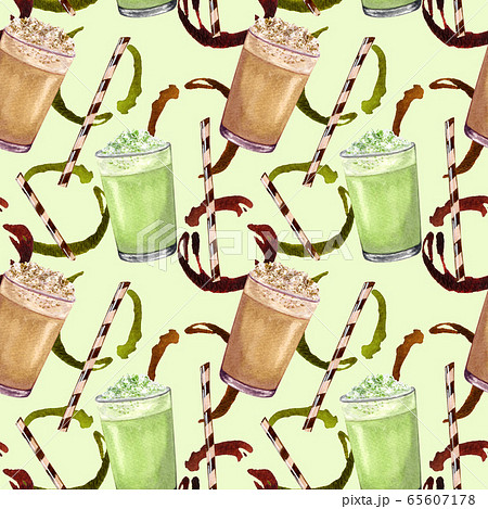 Watercolor coffee seamless pattern. Hand drawn hot drinks, matcha latte, coffee splash on green background. Breakfast backdrop 65607178