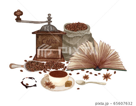 Watercolor illustration of coffee beans in a bag, a book, a cup of espresso. Hand drawn composition. Breakfast. Perfect for cards, logo, menu, design. Watercolor illustration of coffee beans in a bag, a book, a cup of espresso. Hand drawn composition. Breakfast. Perfect for cards, logo, menu, design. 65607632