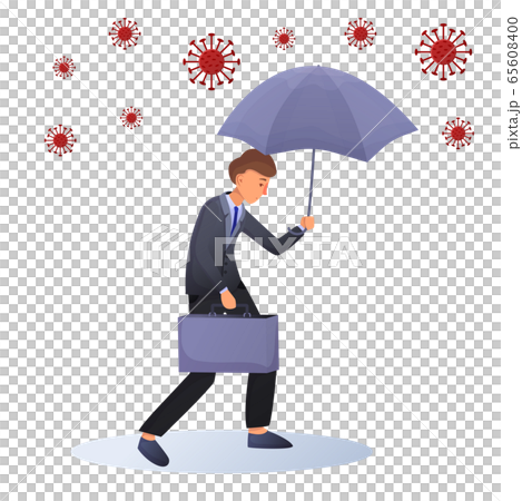 Bussinessman with suitcase under umbrella around viruses. Bussinessman with suitcase under umbrella around viruses. 65608400