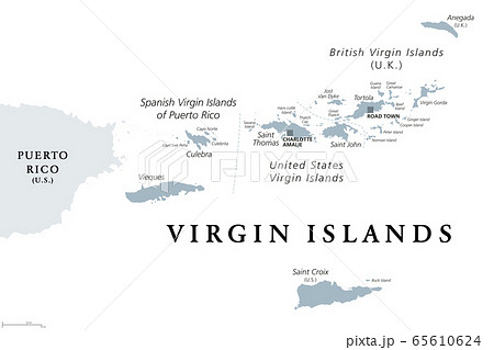 British, Spanish and United States Virgin Islands, gray political map. Archipelago in the Caribbean Sea. British overseas territory and unincorporated territories of the USA. Illustration. Vector. 65610624