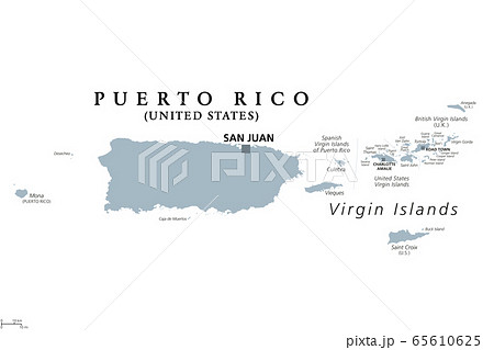 Puerto Rico and Virgin Islands, gray political map. British, Spanish and U.S. Virgin Islands. British overseas territory and unincorporated territories of the USA. Illustration over white. Vector. 65610625