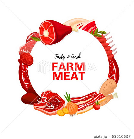 Meat products, butcher shop vector frame 65610637