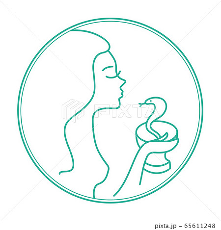 Line art of a young woman and a snake. Icon for beauty clinic, plastic surgery. A snake as a symbol of wisdom and medicine. A girl with long flowing hair and closed eyes holds a snake. Side view Line art of a young woman and a snake. Icon for beauty clinic, plastic surgery. A snake as a symbol of wisdom and medicine. A girl with long flowing hair and closed eyes holds a snake. Side view 65611248