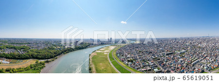 空撮パノラマ　江戸川　松戸市付近から川下を望む 65619051