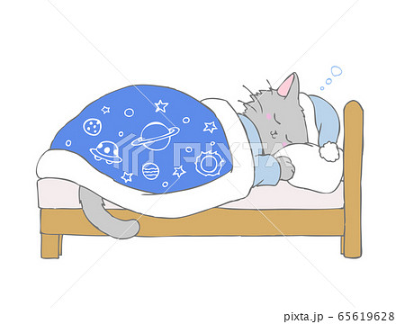 ぐっすりベッドで眠る猫のイラスト素材