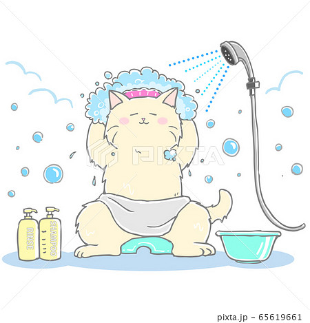 お風呂でシャンプーハットをつけて身体を洗う猫のイラスト素材