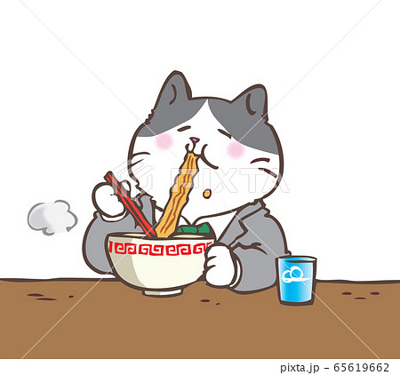 ラーメンを食べるスーツの猫のイラスト素材