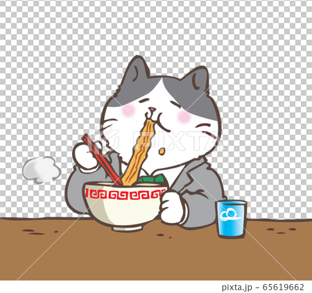 ラーメンを食べるスーツの猫のイラスト素材