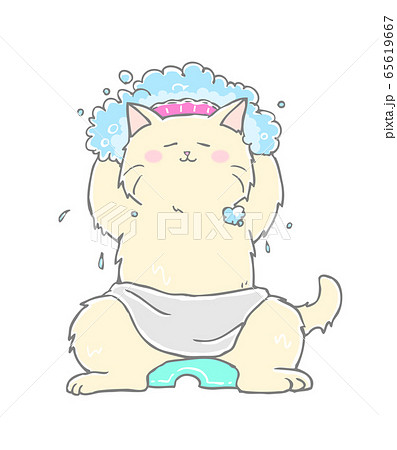 シャンプーハットをつけて身体を洗う猫のイラスト素材