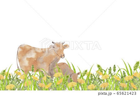 牛と草原水彩画 牛と草原水彩画 65621423