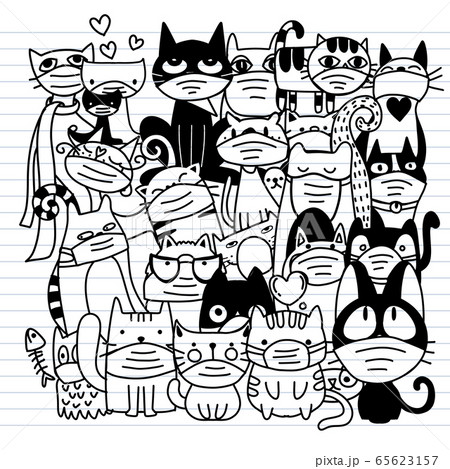 Group of cute cat wearing medical masks to prevent 65623157