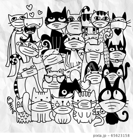Group of cute cat wearing medical masks to prevent 65623158