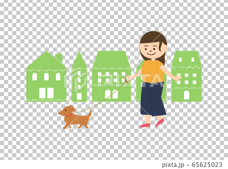 女性 犬の散歩 イラストのイラスト素材