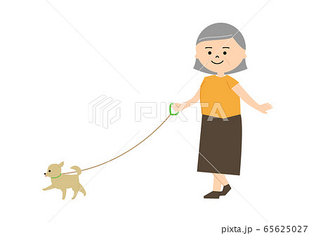 おばあさん 犬の散歩 イラストのイラスト素材