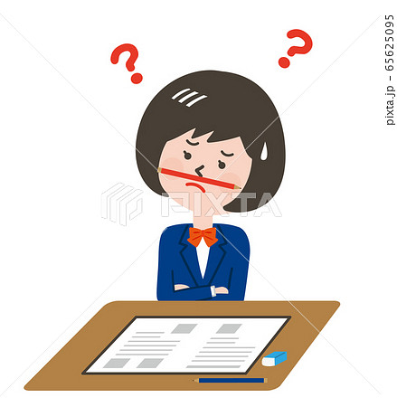 難しい問題を前に鼻下で鉛筆をもてあそぶ女子学生のイラスト素材