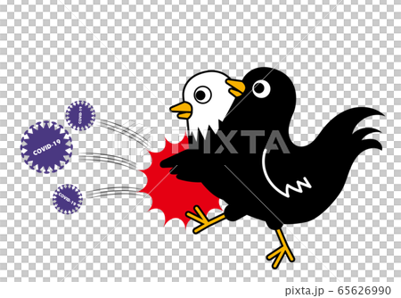 コロナを蹴散らす頭が二つの鳥ヨゲンノトリのイラスト コミカルタッチ白背景 コロナを蹴散らす頭が二つの鳥ヨゲンノトリのイラスト コミカルタッチ白背景 65626990