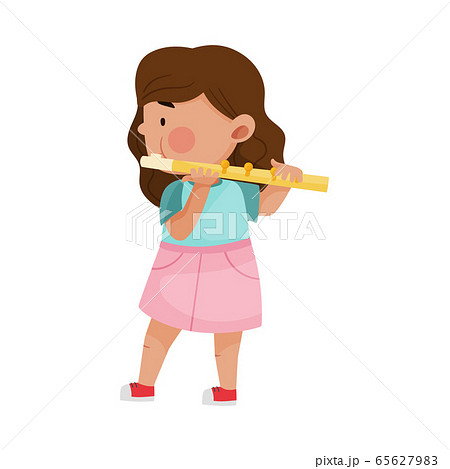 Cute Girl Standing And Playing Flute Vector のイラスト素材