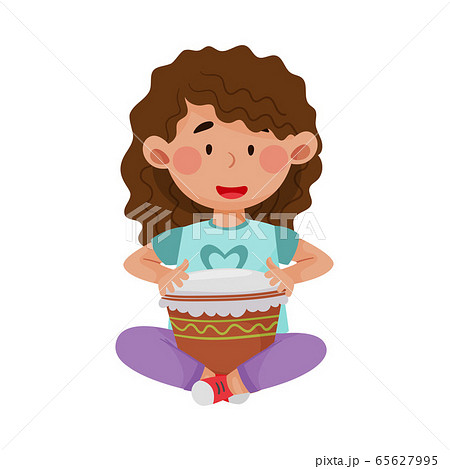Cute Girl Sitting and Playing Drum Vector Illustration 65627995