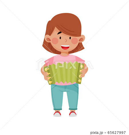 Cute Girl Standing and Playing Harmonica Vector Illustration 65627997