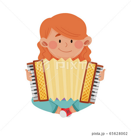 Cute Girl Sitting and Playing Harmonica Vector Illustration 65628002
