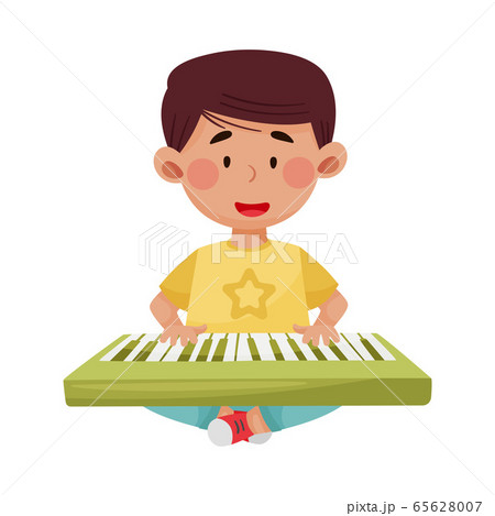 Dark Haired Little Boy Playing Keyboard Vector Illustration 65628007