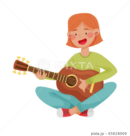 Young Girl with Short Red Hair Sitting and Playing Guitar Vector Illustration 65628009