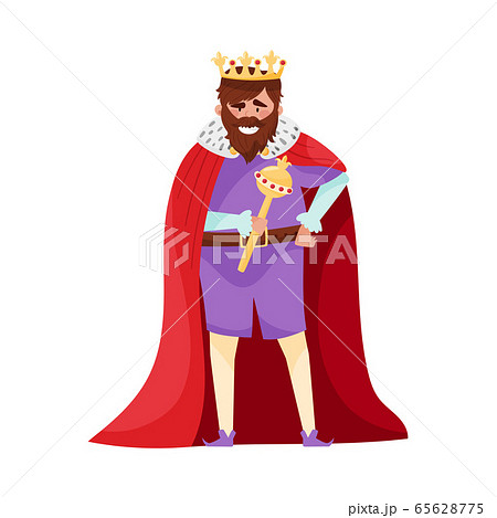 Bearded King with Crown and Scepter Wearing Red Mantle Vector Illustration 65628775