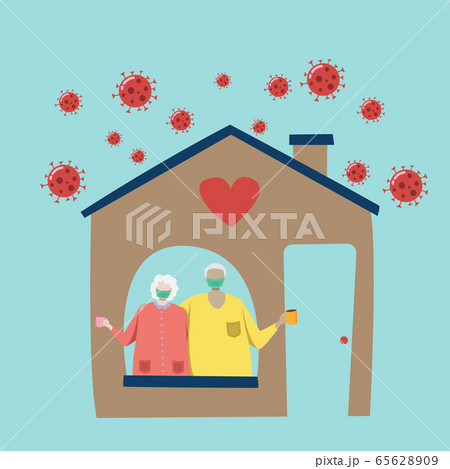 couple of elderly person with hygienic mask make self isolation with safety at home to avoid spreading coronavirus pathogen during the covid-19 epidemic isolated on blue background 65628909