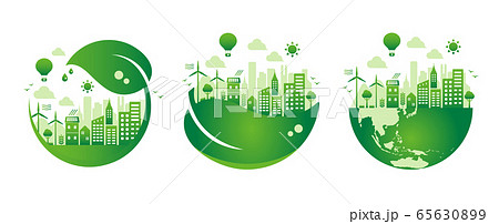 エコ エコロジー 自然 環境保護に配慮した都市生活イメージ イラストセット グラデ 文字なし のイラスト素材
