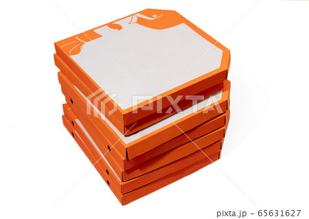 Close up of carton orange boxes for pizza isolated on white studio background with copyspace Close up of carton orange boxes for pizza isolated on white studio background with copyspace 65631627