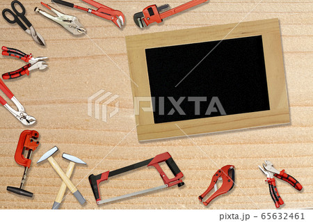 Top view Hardware tool with blackboard on wood Top view Hardware tool with blackboard on wood 65632461