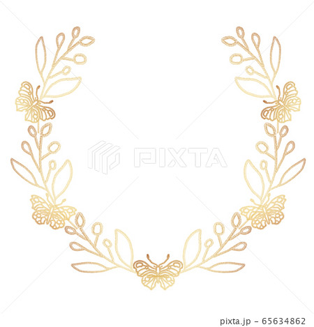 Golden frame wreath with branches and butterflies 65634862