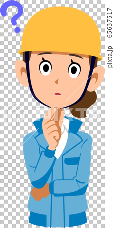 Woman in blue workwear wearing helmet having doubts Woman in blue workwear wearing helmet having doubts 65637517