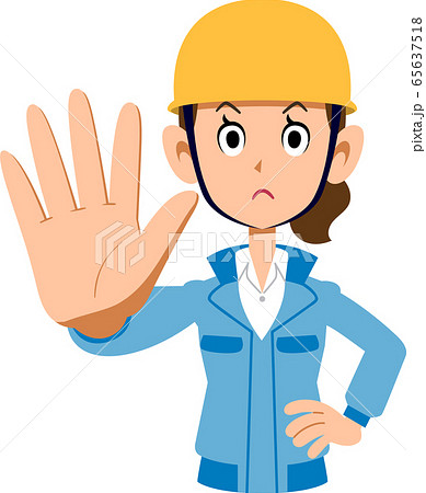 制止するヘルメットを被った青い作業着の女性 65637518