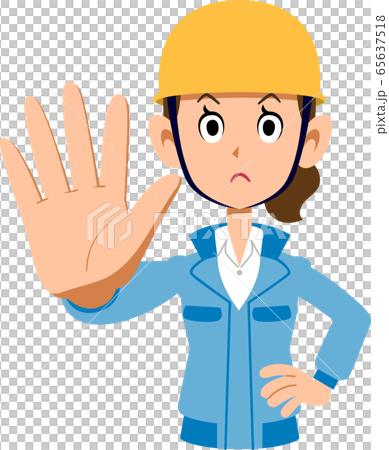 制止するヘルメットを被った青い作業着の女性 65637518