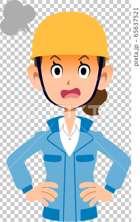 怒るヘルメットを被った青い作業着の女性 怒るヘルメットを被った青い作業着の女性 65637521