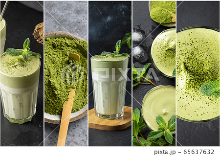 Collage of Dalgona Iced Matcha tea with whipped 65637632