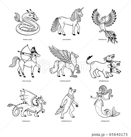 Magical Creatures Set Mythological Animals Doodle Style Black And White  Vector Illustration Isolated On White Background Tattoo Design Or Coloring  Page Line Art Stock Illustration - Download Image Now - iStock