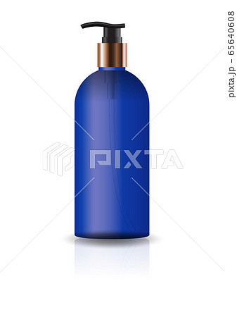Blank blue cosmetic round bottle with pump head for beauty or healthy product. Isolated on white background with reflection shadow. Ready to use for package design. Vector illustration. 65640608