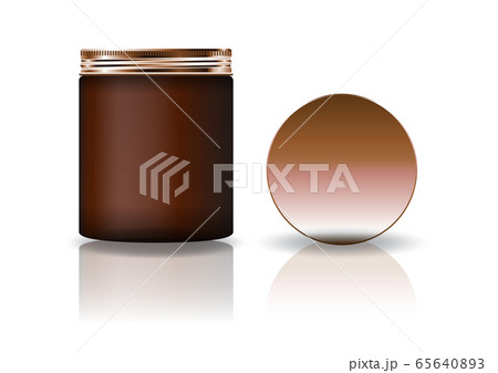 Blank brown cosmetic round jar with copper lid in high size for beauty or healthy product. Isolated on white background with reflection shadow. Ready to use for package design. Vector illustration. Blank brown cosmetic round jar with copper lid in high size for beauty or healthy product. Isolated on white background with reflection shadow. Ready to use for package design. Vector illustration. 65640893