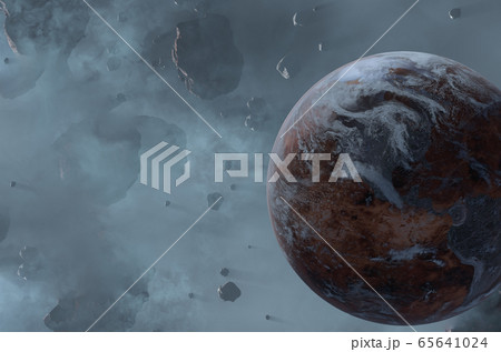 Lifeless Earth planet in space asteroid field 65641024
