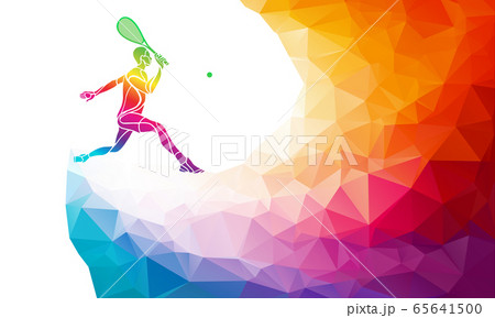 Creative silhouette of female tennis player. Racquet sport vector illustration or banner template in trendy abstract colorful polygon style with rainbow back 65641500