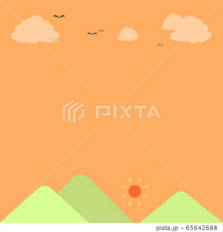 風景のフレーム 太陽 夕焼け空 雲 カラス 山のイラスト素材
