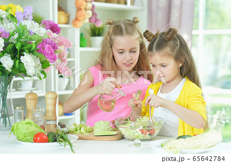 Portrait of cute girls preparing delicious fresh salad Portrait of cute girls preparing delicious fresh salad 65642784